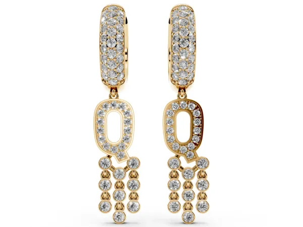 Round Diamond Initial Q Huggie Hoop Earrings Yellow gold