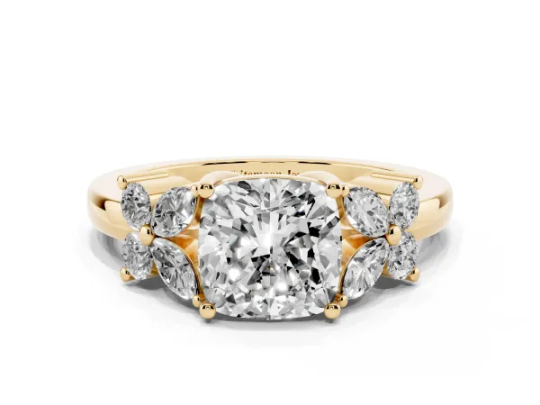 Cushion Cut Diamond Floral Cluster Ring with Solitaire Band and Prong Setting Yellow gold