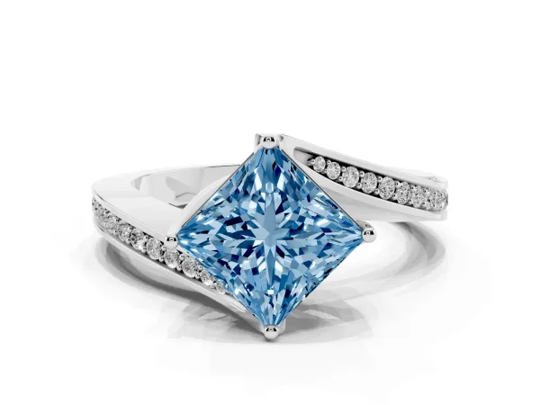 Fancy Blue Princess Cut Solitaire Diamond Twist Band with Pavé Setting and Four-Prong Setting White gold