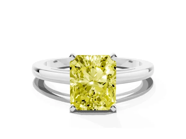 Fancy Yellow Radiant Cut Solitaire Diamond Engagement Ring with Four-Prong Setting on a Classic Band Platinum
