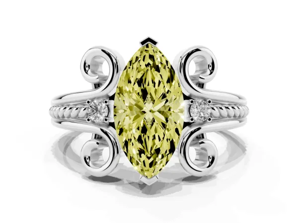 Fancy Yellow Marquise Cut Solitaire Twisted Band Scroll Prong Ring White gold