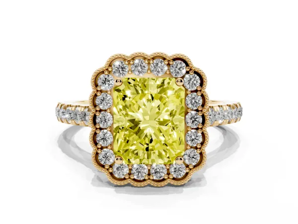 Fancy Yellow Radiant Cut Cut Diamond Milgrain Floral Halo Engagement Ring with Pavé Band Yellow gold