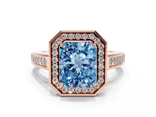 Fancy Blue Emerald Cut Halo Solitaire Diamond Ring with Pave Band and Bezel Setting Rose gold