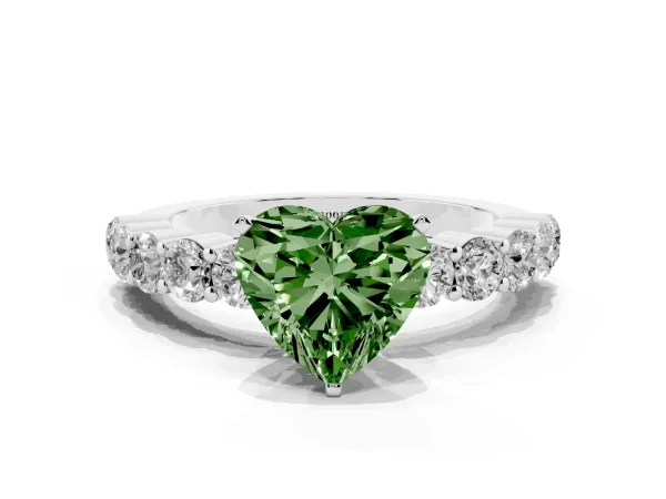 Fancy Green Heart Cut Diamond Solitaire Ring with Shared Prong Round Side Stones White gold