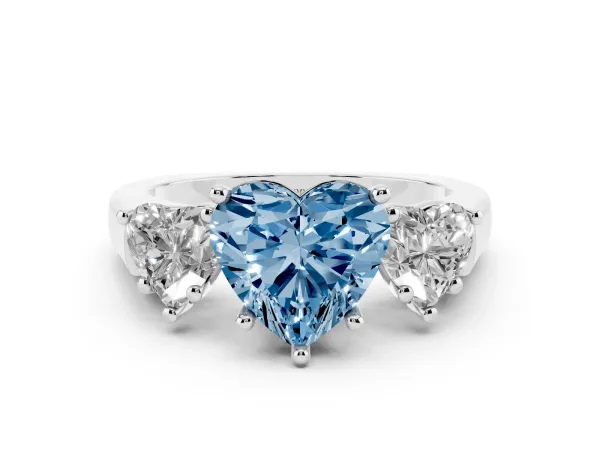 Fancy Blue Three-Stone Heart Cut Brilliant Diamond Trellis Ring with Comfort Fit Band White gold