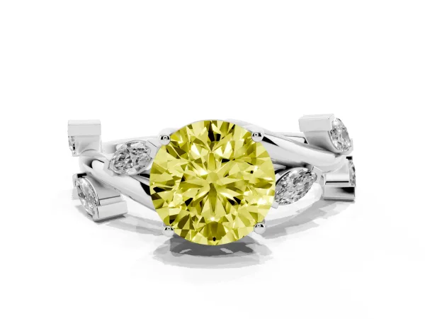 Fancy Yellow Round Cut Solitaire Twisted Band Marquise Accent Prong Setting Ring Platinum