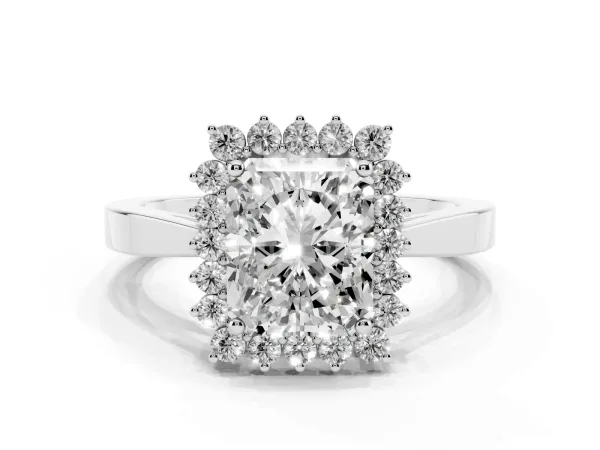 Radiant Cut Cut Diamond Halo Ring with Round Brilliant Halo and Solitaire Band Platinum