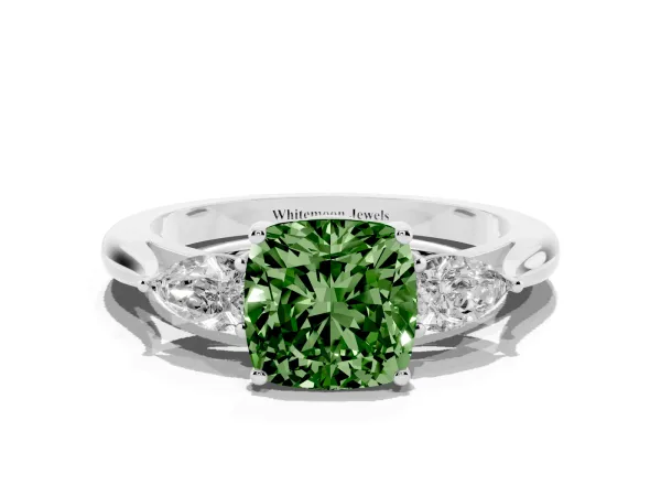 Fancy Green Cushion Cut Diamond Three-Stone Ring with Pear Side Stones and Prong Setting Platinum