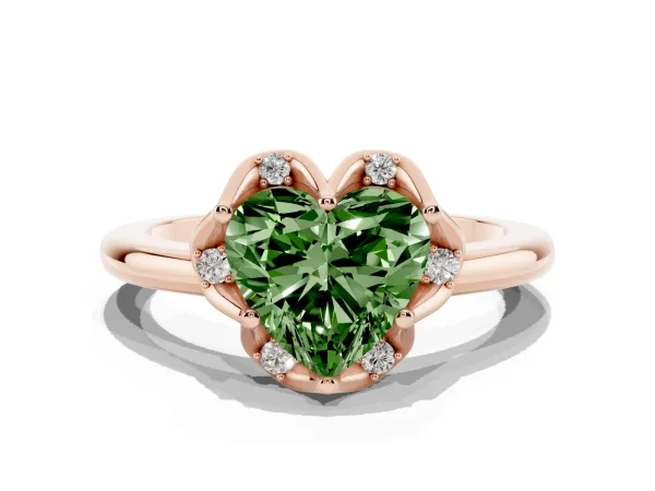 Fancy Green Heart Cut Halo Diamond Ring with Round Cluster Setting, Solitaire Band, and Four-Prong Setting Rose gold