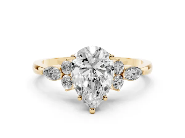 Pear Cut Brilliant Diamond Solitaire Ring with Pear Side Stones and Four-Prong Setting Yellow gold