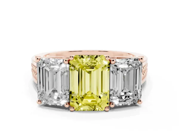 Fancy Yellow Emerald Cut Diamond Three-Stone Ring with Prong Setting and Textured Band Rose gold