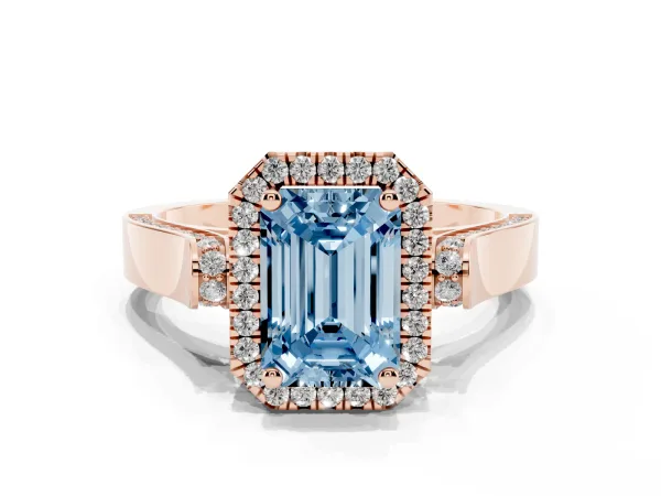 Fancy Blue Emerald Cut Halo Round Diamond Twist Band with Four-Prong Setting Rose gold
