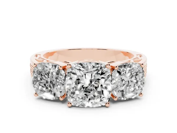 Cushion Cut Diamond Three-Stone Ring with Prong Setting and Textured Band Rose gold