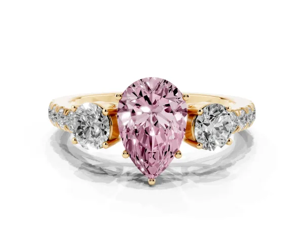 Fancy Pink Pear Cut Cut Diamond Three-Stone Ring with Round Side Stones and Pavé Band Yellow gold