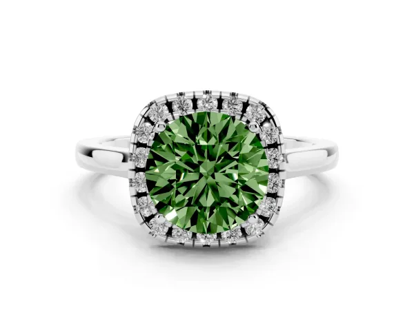 Fancy Green Round Cut Halo Round Diamond Solitaire Ring with Pavé Band and Four-Prong Setting White gold
