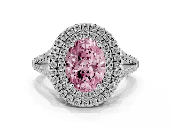 Fancy Pink Oval Cut Diamond Double Halo Ring with Pavé Band and Prong Setting White gold