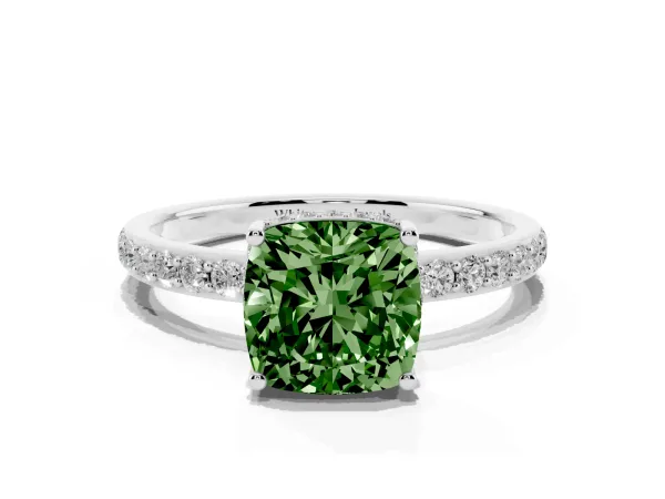 Fancy Green Cushion Cut Diamond Solitaire Ring with Pavé Band and Hidden Halo Platinum