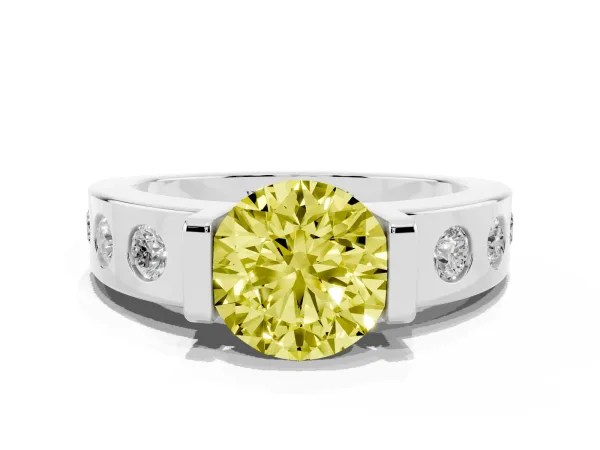 Fancy Yellow Round Cut Brilliant Channel-Set Diamond Ring with Bezel Prong Setting Platinum