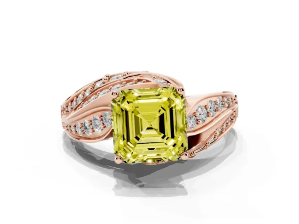 Fancy Yellow Asscher Cut Diamond Solitaire Ring with Prong Setting and Twisted Pavé Band Rose gold