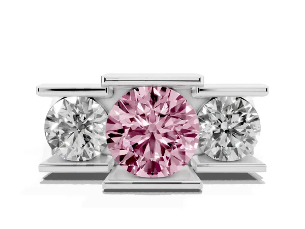 Fancy Pink Three Stone Round Cut Cut Channel Set Diamond Ring White gold
