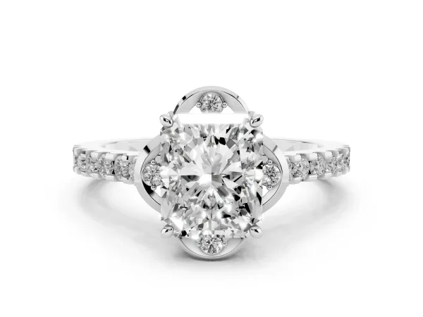 Radiant Cut Diamond Ring with Pavé Band and Floral Prong Setting White gold