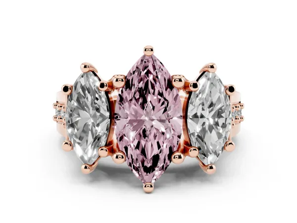 Fancy Pink Marquise Cut Diamond Three-Stone Ring with Channel Set Band and Four-Prong Setting Rose gold