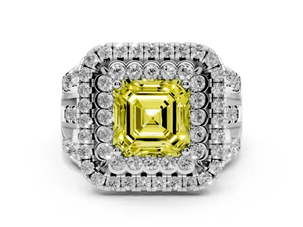 Fancy Yellow Asscher Cut Diamond Double Halo Ring with Round Pavé Split Shank and Prong Setting Platinum