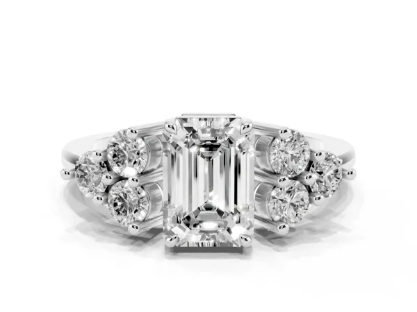 Emerald Cut Brilliant Diamond Cluster Accent Solitaire Ring with Prong Setting White gold