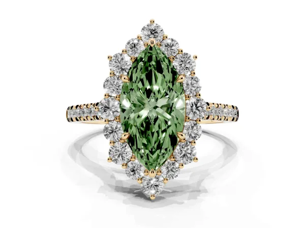 Fancy Green Marquise Cut Halo Diamond Ring with Pavé Band and Prong Setting Yellow gold