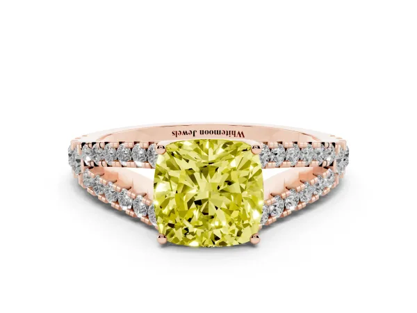 Fancy Yellow Cushion Cut Diamond Split Shank Engagement Ring with Round Pavé and Prong Setting Rose gold