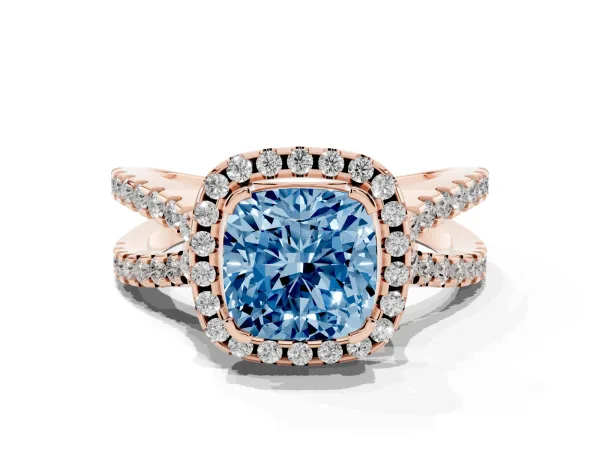 Fancy Blue Cushion Cut Diamond Halo Ring with Split Shank Pavé Band and Prong Setting Rose gold