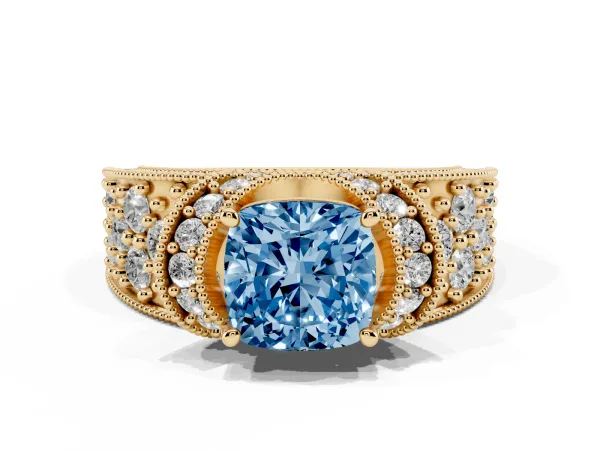 Fancy Blue Cushion Cut Halo Pave Diamond Engagement Ring with Milgrain Detailing Yellow gold