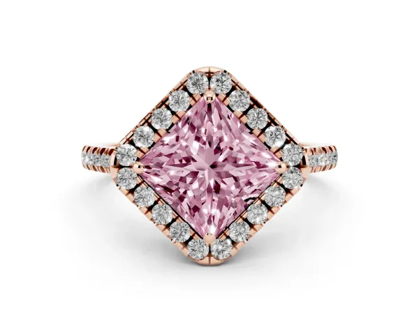 Fancy Pink Princess Cut Diamond Cushion Halo Ring with Pavé Band Rose gold
