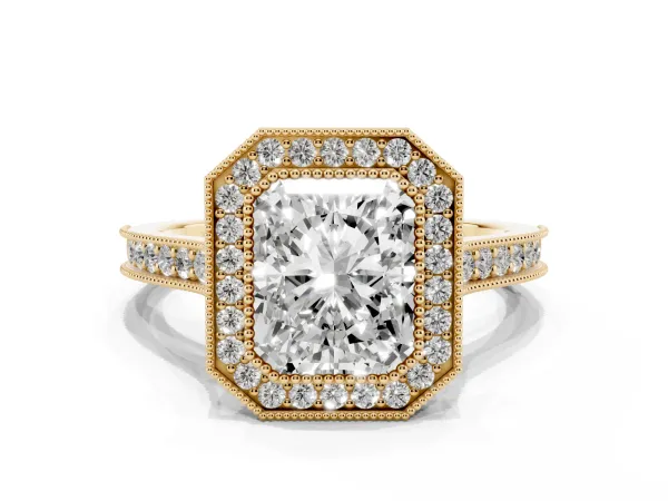 Halo Radiant Cut-Cut Diamond Pave Band Milgrain Prong Setting Ring Yellow gold