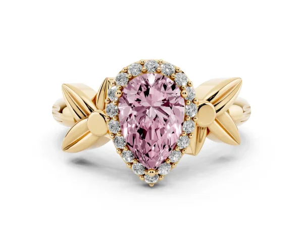 Fancy Pink Pear Cut Halo Diamond Floral Band with Four-Prong Setting Yellow gold