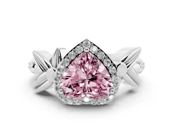 Fancy Pink Heart Cut Halo Diamond Floral Band with Four-Prong Setting White gold