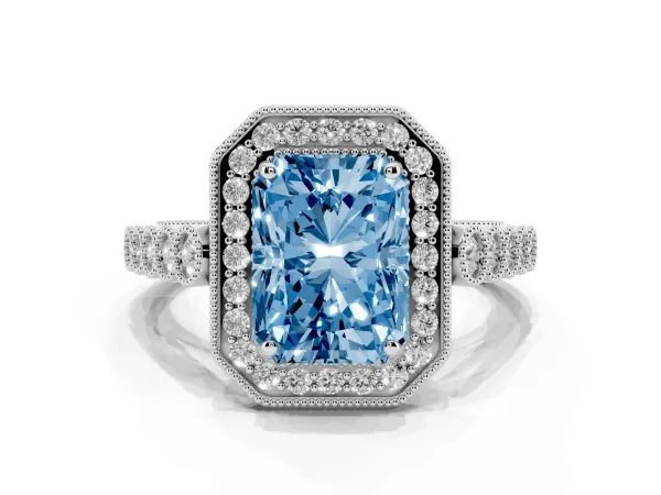 Fancy Blue Radiant Cut Halo Milgrain Solitaire with Bezel Set Side Stones and Pave Band Platinum