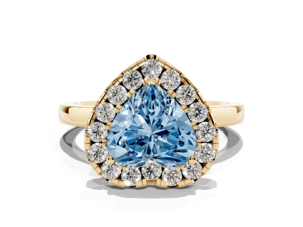Fancy Blue Heart Cut Halo Diamond Solitaire with Pavé Band and Four-Prong Setting Yellow gold