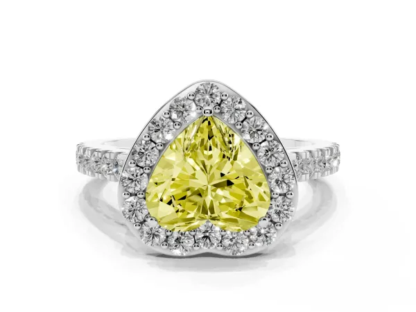 Fancy Yellow Heart Cut Diamond Halo Ring with Round Pavé Split Shank and Prong Setting White gold