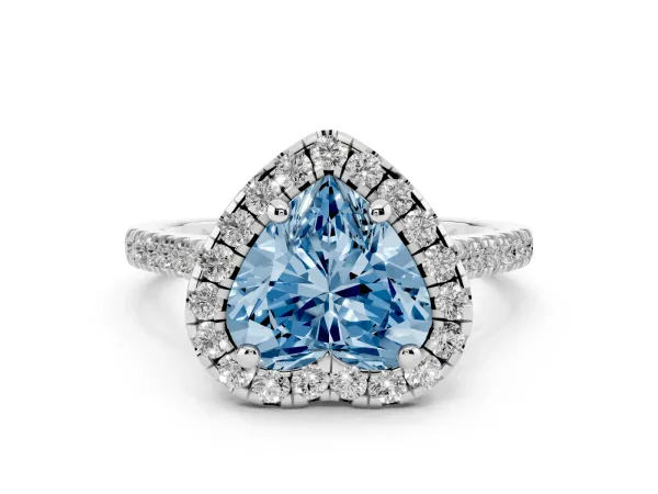 Fancy Blue Heart Cut Diamond Cushion Halo Ring with Pavé Band Platinum