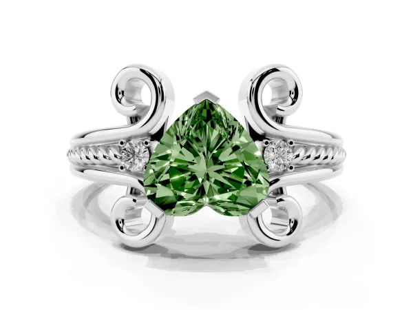 Fancy Green Heart Cut Solitaire Twisted Band Scroll Prong Ring White gold