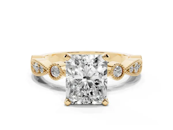 Radiant Cut Milgrain Bezel Diamond Engagement Ring with Solitaire Prong Setting Yellow gold