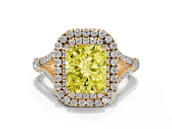 Fancy Yellow Radiant Cut Cut Double Halo Split Shank Diamond Ring with Prong Setting Yellow gold