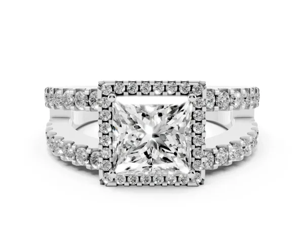 Princess Cut Cut Halo Split Shank Diamond Ring with Four-Prong Setting White gold