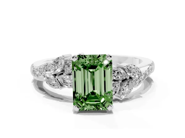 Fancy Green Emerald Cut Solitaire Marquise Twist Band with Six-Prong Setting White gold