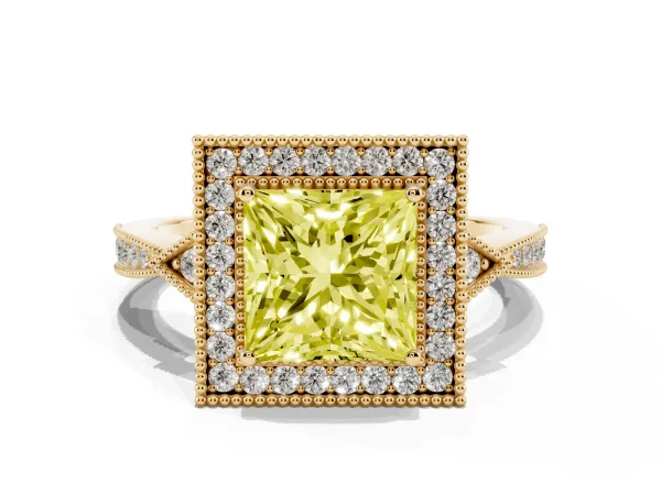 Fancy Yellow Princess Cut Halo Round Diamond Milgrain Pave Engagement Ring Yellow gold