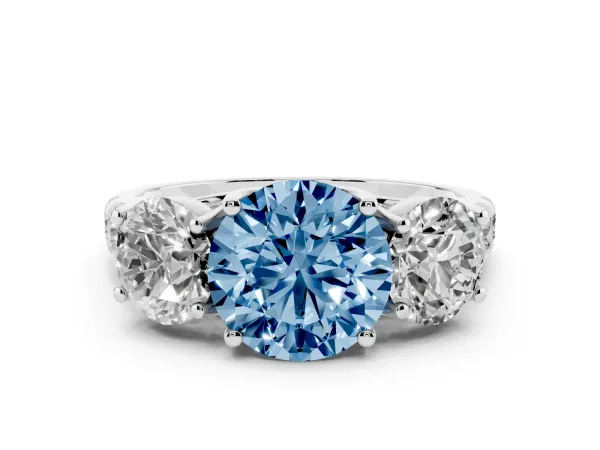Fancy Blue Three-Stone Round Cut Diamond Pavé Band with Prong Setting Platinum