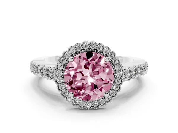 Fancy Pink Round Cut Cut Halo Pavé Solitaire Ring with Milgrain Band Platinum