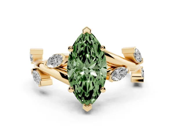 Fancy Green Marquise Cut Solitaire Twisted Band Marquise Accent Prong Setting Ring Yellow gold