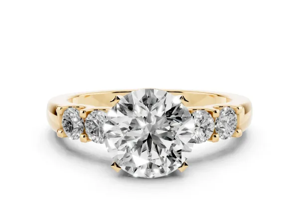 Round Cut Brilliant Cut Diamond Five-Stone Prong Set Engagement Ring with Channel Band Yellow gold